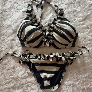 Vintage Betsey Johnson Black and Cream Striped Bikini